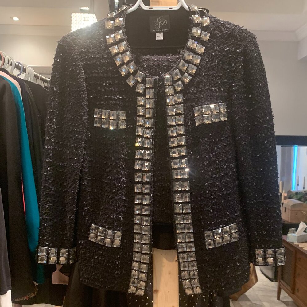 MK National Designer Knit Size 10 Black and Silver Bling Jacket and Skirt